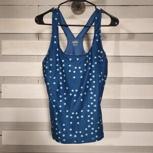 NIKE Racer Back Tank Top Built-in Bra Teal Light Blue Polka Dots 422 Marina Sz L